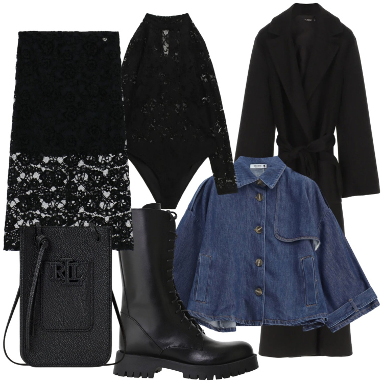 Outfit donna - Rock denim. Stile Rock per Serata fuori. Abbinamento con gonne longuette, cappotti, blazer, borse a tracolla, body, stivali.