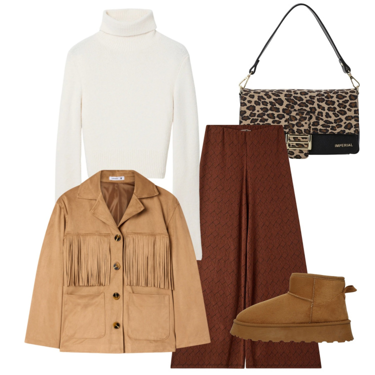 Outfit donna - Total comfy. Stile Basic per Tutti i giorni. Abbinamento con pantaloni, maglieria, cappotti, stivali, borse a spalla.