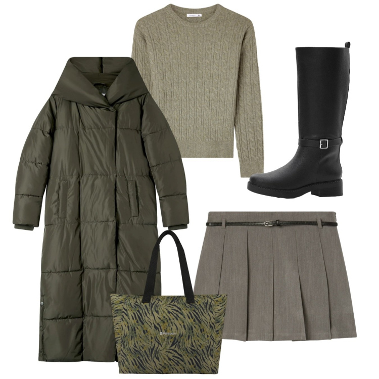 Outfit donna - Green. Stile Preppy per Tutti i giorni. Abbinamento con stivali, cappotti, maglieria, minigonne, shopping bag.