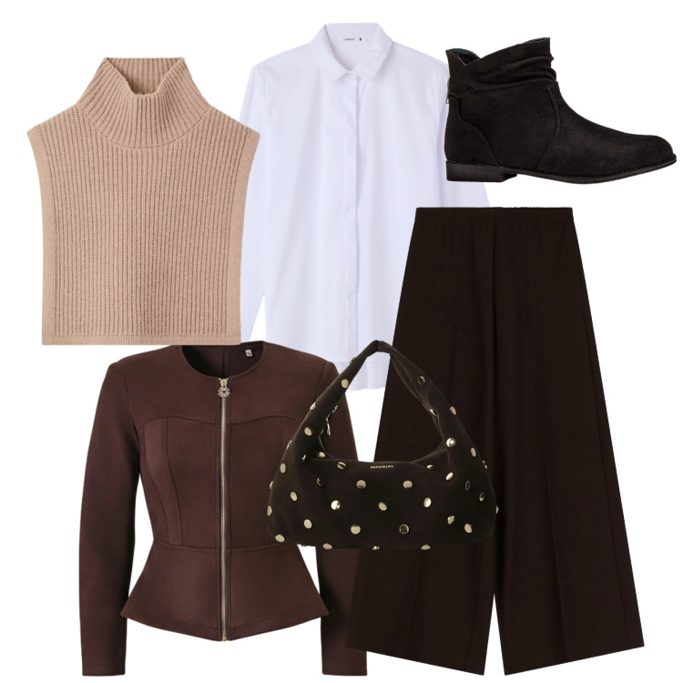 Outfit donna - Total look. Stile Casual chic per Tutti i giorni. Abbinamento con stivaletti, cappotti, camicie, pantaloni a palazzo, borse a spalla, giacche.