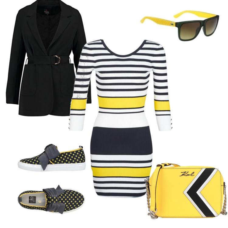 Outfit donna - Righe e giallo!. Stile Sexy per Tutti i giorni. Abbinamento con sneakers tennis, borsa a tracolla mini con zip interno foderato in pelle tinta unita, vestito corto multicolore, giacca con cintura, occhiali da sole unisex-adulto giallo e oliva.