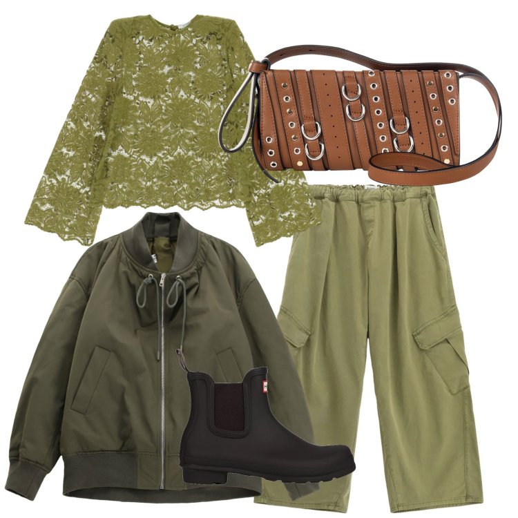 Outfit donna - Total look. Stile Casual chic per Tutti i giorni. Abbinamento con stivaletti, maglieria, pantaloni cargo, bomber, borse a spalla.