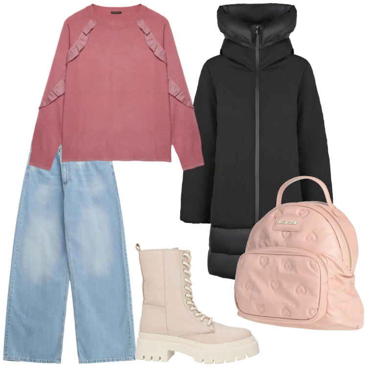 Outfit donna - Gennaio freddo. per Tutti i giorni. Abbinamento con zaini, stivaletti, jeans, piumini, maglieria.