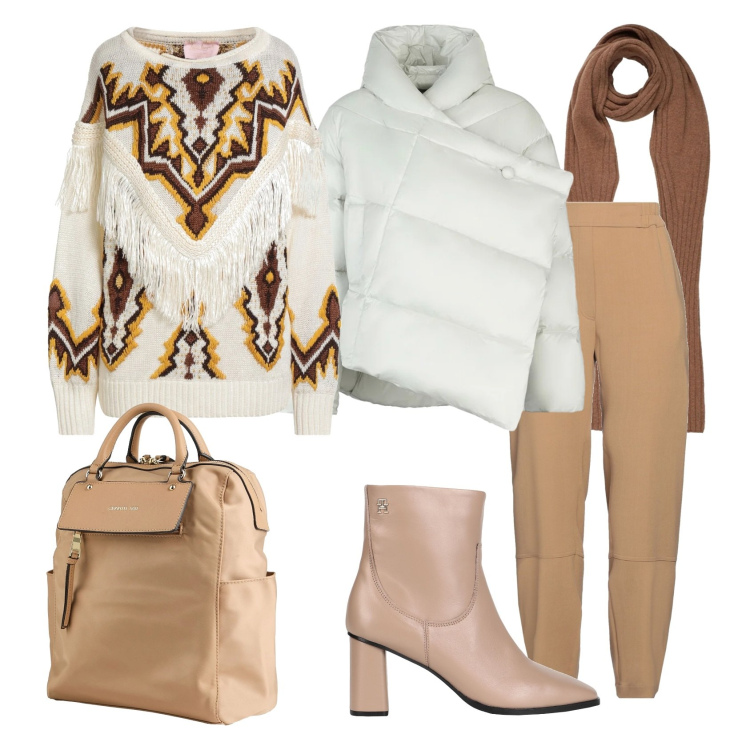 Outfit donna - Total look #2316309. Stile Casual chic per Ufficio. Abbinamento con sciarpe, pantaloni, stivaletti, pullovers, zaini, piumini.