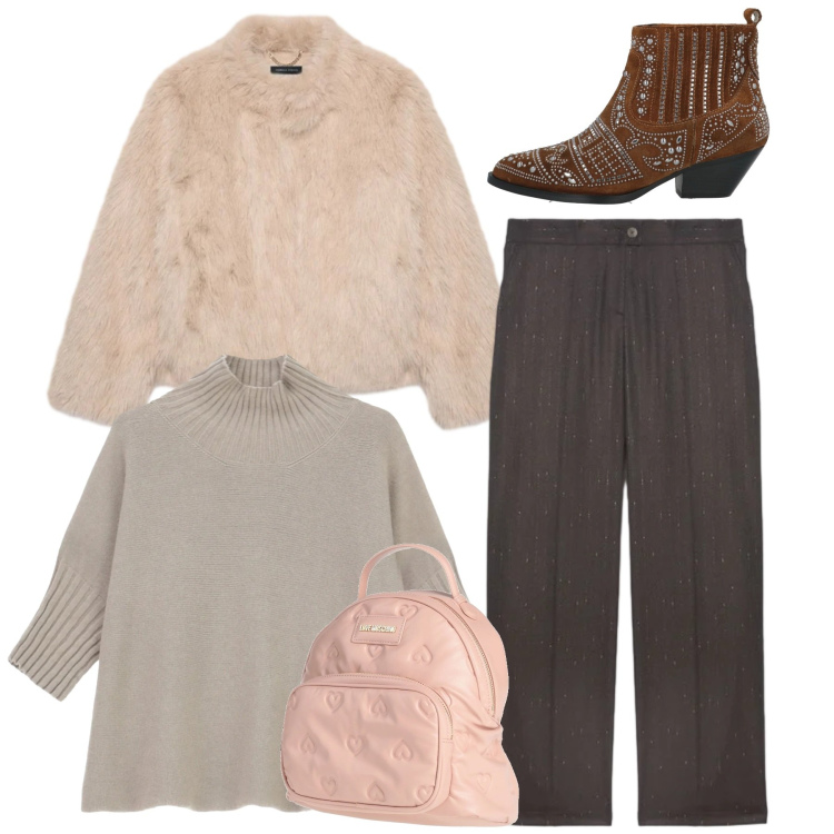 Outfit donna - Total brown. Stile Casual per Tutti i giorni. Abbinamento con zaini, stivaletti, maglieria, ecopellicce, pantaloni.