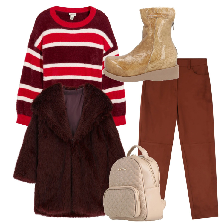 Outfit donna - Total basic. Stile Basic per Tutti i giorni. Abbinamento con maglieria, zaini, stivaletti, pantaloni chino, ecopellicce.