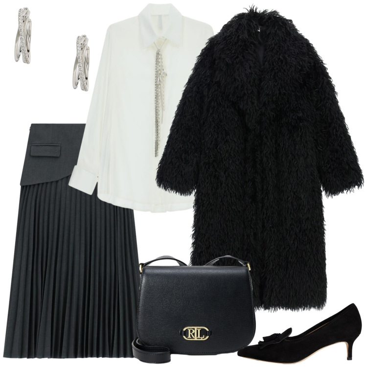 Outfit donna - Signorina per bene. Stile Chic per Serata fuori. Abbinamento con gonne lunghe, cappotti, camicie, décolleté, orecchini, borse a tracolla.