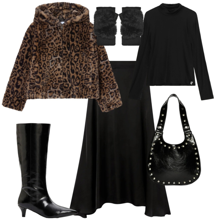 Outfit donna - Chic serata evento speciale. Stile Chic per Serata fuori. Abbinamento con stivali, ecopellicce, gonne longuette, guanti, maglieria, borse a spalla.