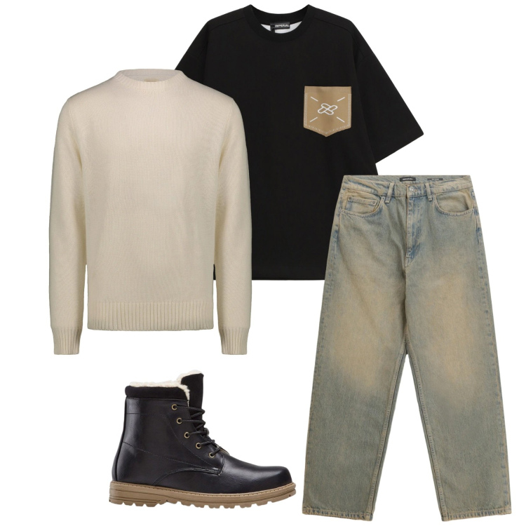 Outfit uomo - Total look #2316321. Stile Urban per Tutti i giorni. Abbinamento con stivali e stivaletti, jeans, felpe, maglieria.