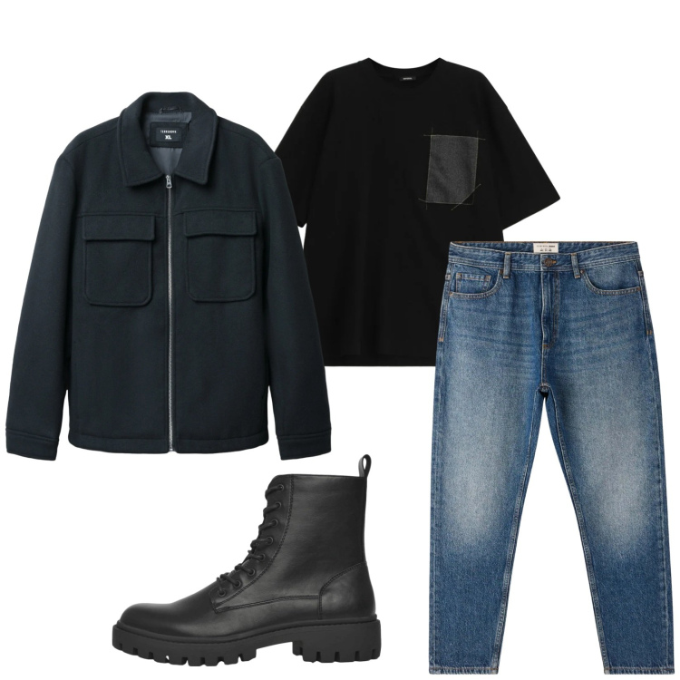 Outfit uomo - Total look #2316324. Stile Urban per Tutti i giorni. Abbinamento con anfibi, jeans, cappotti, t-shirt.