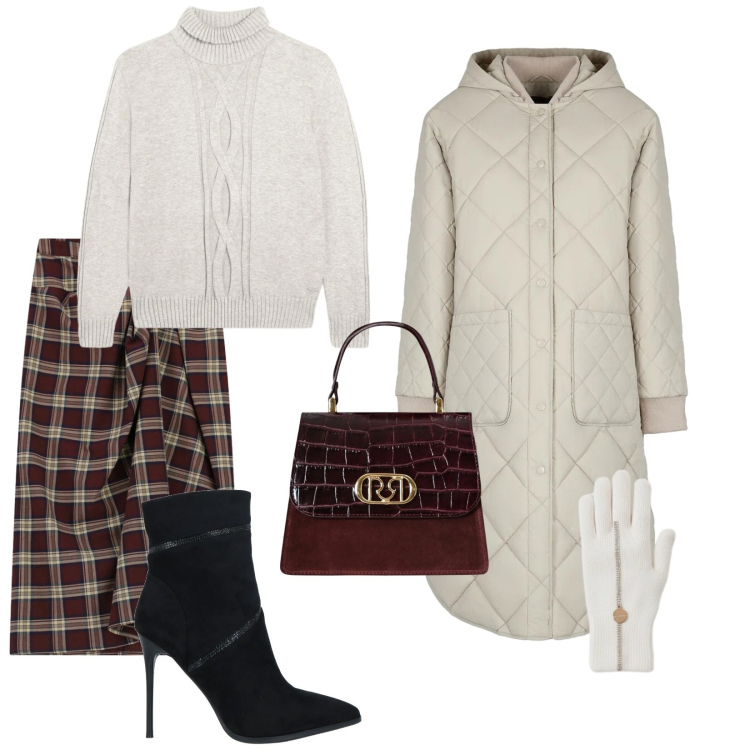 Outfit donna - Gennaio in ufficio. per Ufficio. Abbinamento con stivaletti, gonne longuette, guanti, borse a mano, maglieria, piumini.