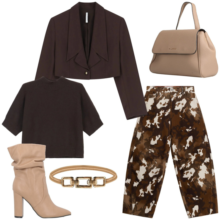 Outfit donna - Total look #2316332. Stile Chic per Serata fuori. Abbinamento con stivaletti, zaini, pantaloni a palazzo, blazer, maglieria, cinture.