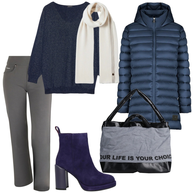 Outfit donna - Gennaio freddo. per Tutti i giorni. Abbinamento con stivaletti, zaini, pantaloni, piumini, sciarpe, maglieria.