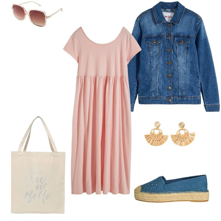 Outfit donna - Grande Rettangolo "H". Stile Casual per Tutti i giorni. Abbinamento con blazer, occhiali da sole, orecchini, vestiti midi/longuette, borse tote, espadrillas.