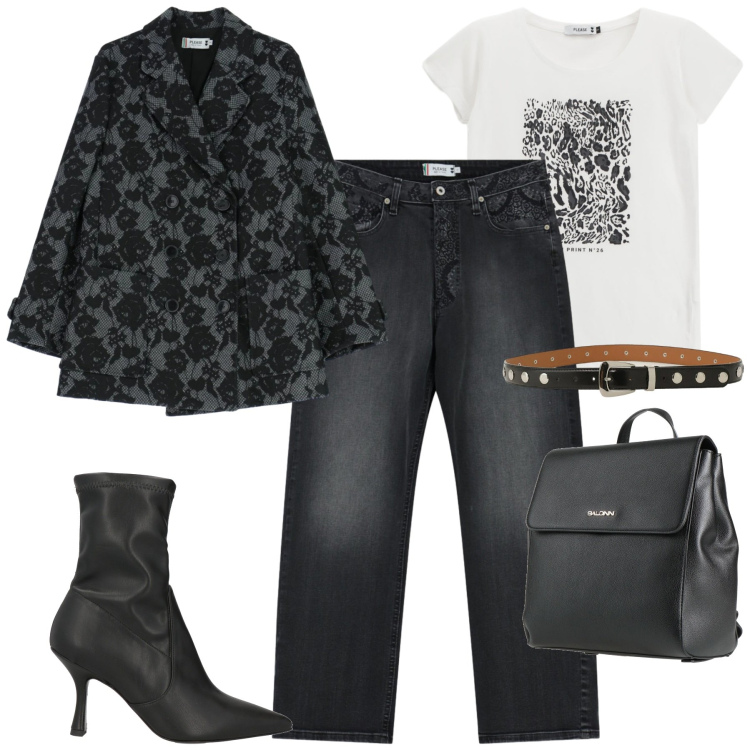 Outfit donna - Gennaio. Stile Casual chic per Tutti i giorni. Abbinamento con stivaletti, zaini, jeans dritti, blazer, t-shirt, cinture.