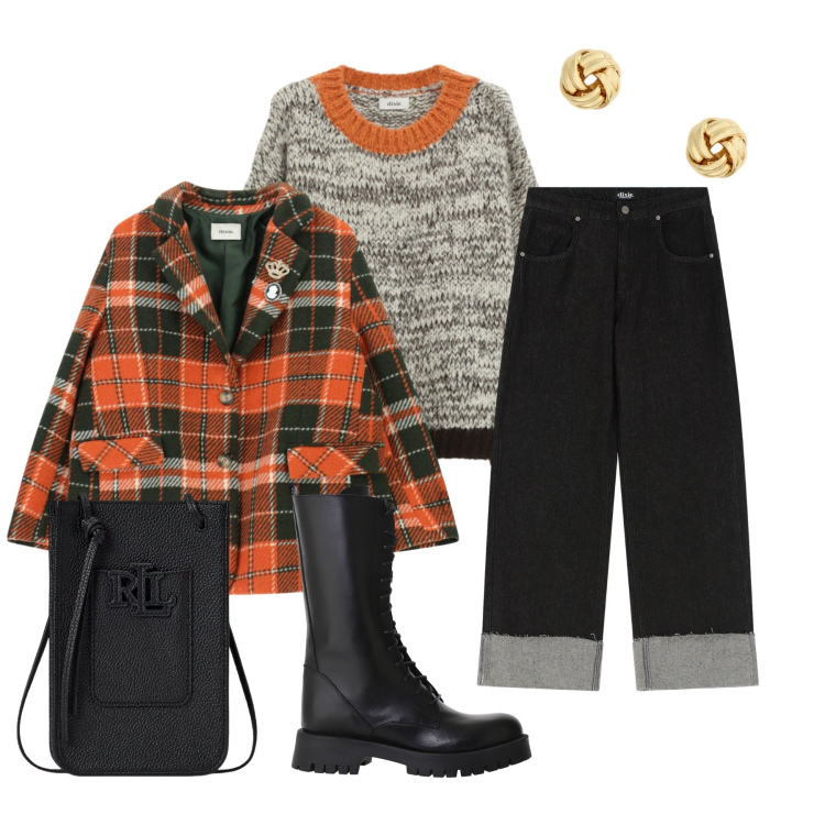 Outfit donna - Chic Quotidiano - Arancio e Contrasti. Stile Urban per Tutti i giorni. Abbinamento con maglieria, cappotti, jeans, stivali, borse a tracolla, orecchini.