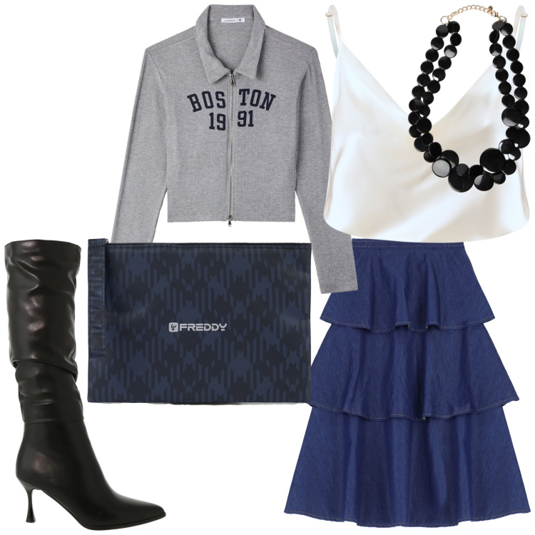 Outfit donna - Una felpa bon ton per l uscita. Stile Glamour per Serata fuori. Abbinamento con felpe, gonne lunghe, stivali sopra il ginocchio, clutch, canottiere, collane.