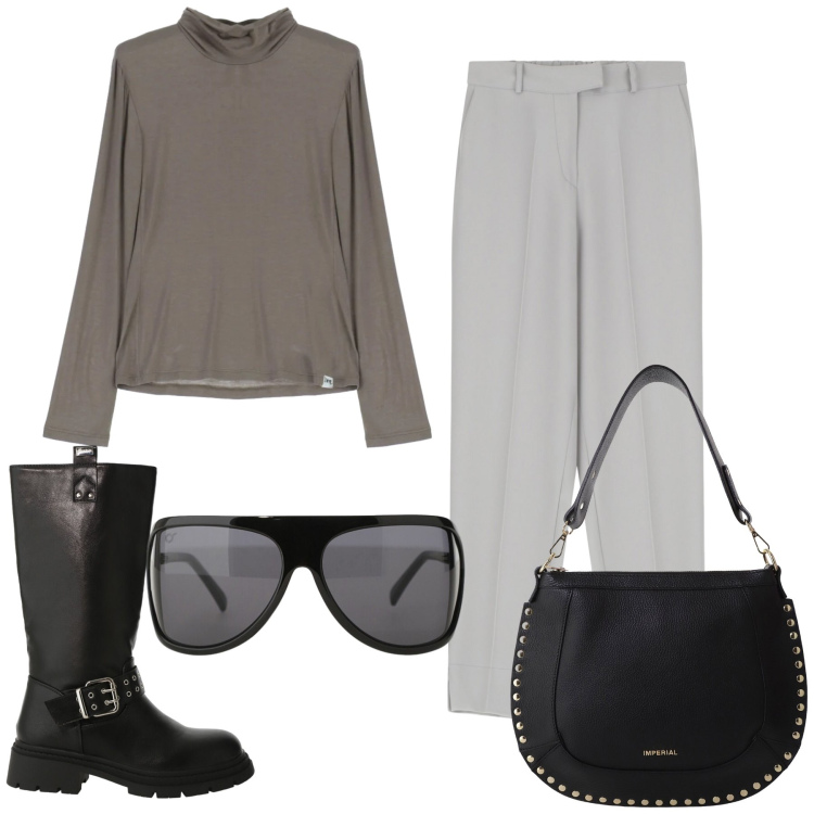 Outfit donna - Basic Imperial. Stile Basic per Ufficio. Abbinamento con pantaloni, stivali, occhiali da sole, maglieria, borse a spalla.