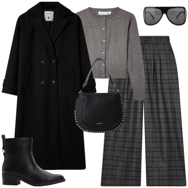 Outfit donna - City. Stile Urban per Tutti i giorni. Abbinamento con stivaletti, cardigans, pantaloni, cappotti, occhiali da sole, borse a spalla.