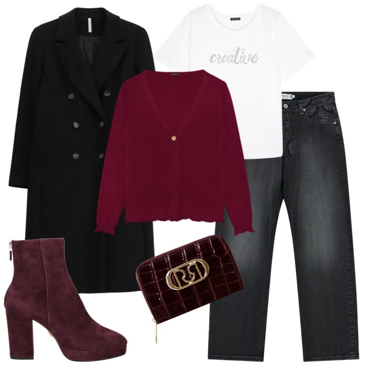 Outfit donna - Back to work. Stile Casual chic per Tutti i giorni. Abbinamento con stivaletti, portafogli, jeans dritti, cappotti, cardigans, t-shirt.