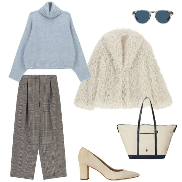 Outfit donna - Toni neutri. Stile Casual chic per Tutti i giorni. Abbinamento con pantaloni, ecopellicce, maglieria, occhiali da sole, borse tote, décolleté.