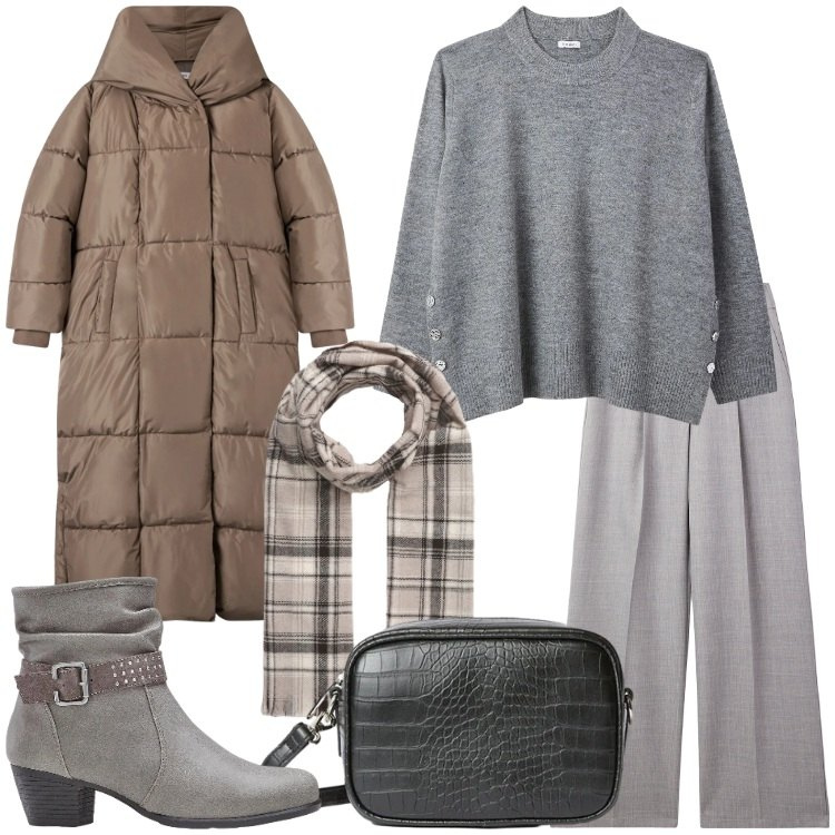 Outfit donna - Il fascino del knitwear oversize Curvy. Stile Basic per Ufficio. Abbinamento con stivaletti, maglieria, cappotti, pantaloni, sciarpe, borse a tracolla.