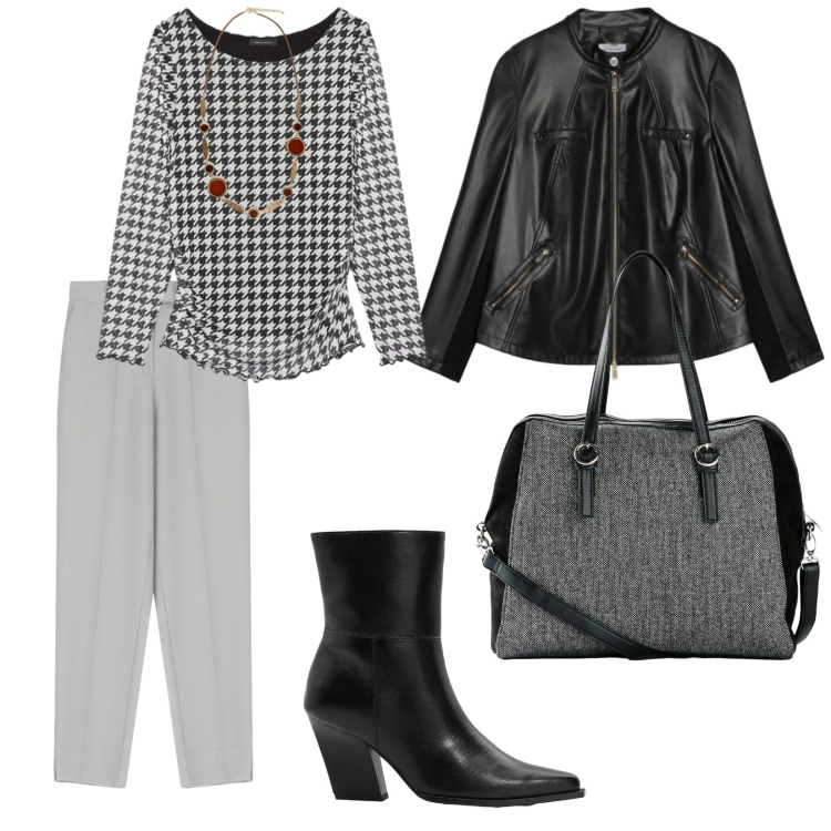 Outfit donna - Il giubbotto di pelle. per Scuola/Università. Abbinamento con borse a mano, stivaletti, pantaloni, bluse, giacche, collane.