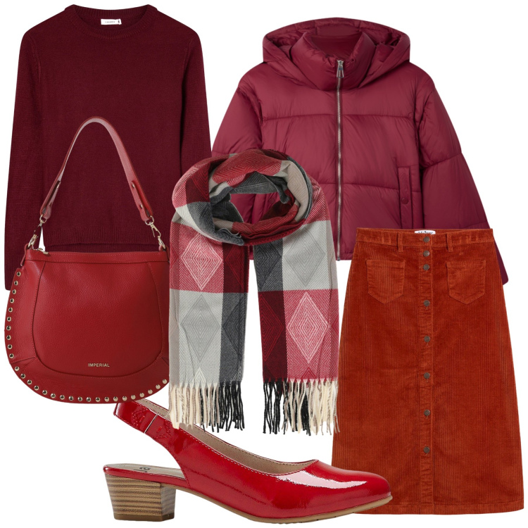 Outfit donna - Daily bordeaux. Stile Urban per Ufficio. Abbinamento con gonne longuette, décolleté, maglieria, bomber, sciarpe, borse a spalla.