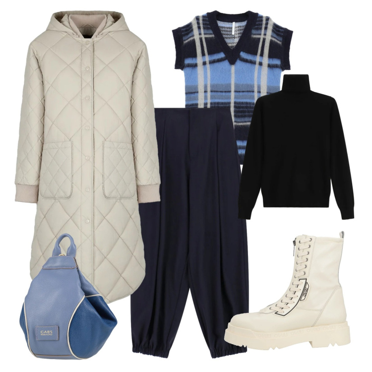 Outfit donna - Wrapped in Style. Stile Urban per Tutti i giorni. Abbinamento con zaini, anfibi, pantaloni a palazzo, maglieria, maglieria, piumini.