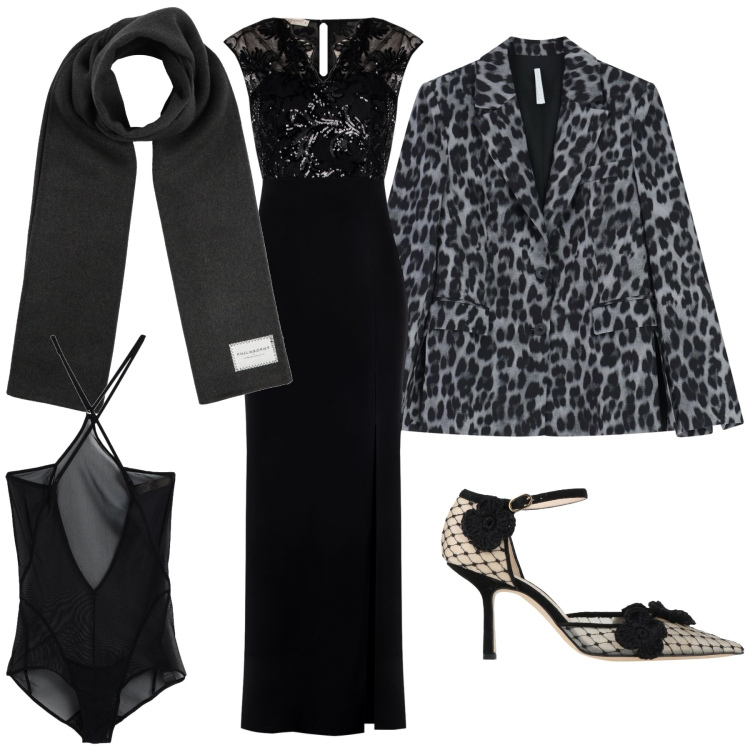 Outfit donna - Look wow scarpe super wow. Stile Glamour per Serata fuori. Abbinamento con décolleté, body, sciarpe, blazer, vestiti.