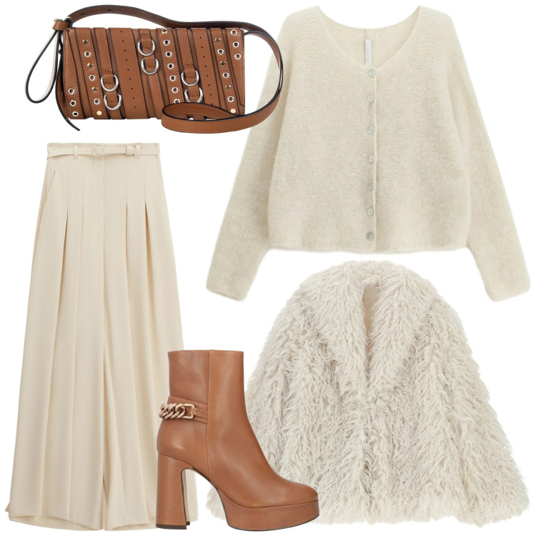 Outfit donna - Tonalità panna e burro. Stile Glamour per Serata fuori. Abbinamento con stivaletti, ecopellicce, cardigans, pantaloni a palazzo, borse a spalla.