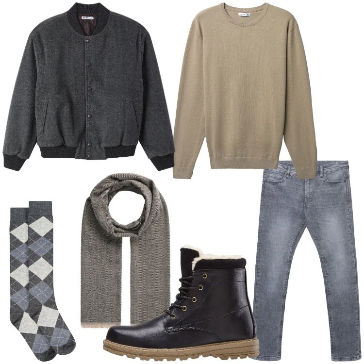 Outfit uomo - Gennaio. Stile Casual per Tutti i giorni. Abbinamento con stivali e stivaletti, sciarpe, jeans skinny, maglieria, bomber, calzini.