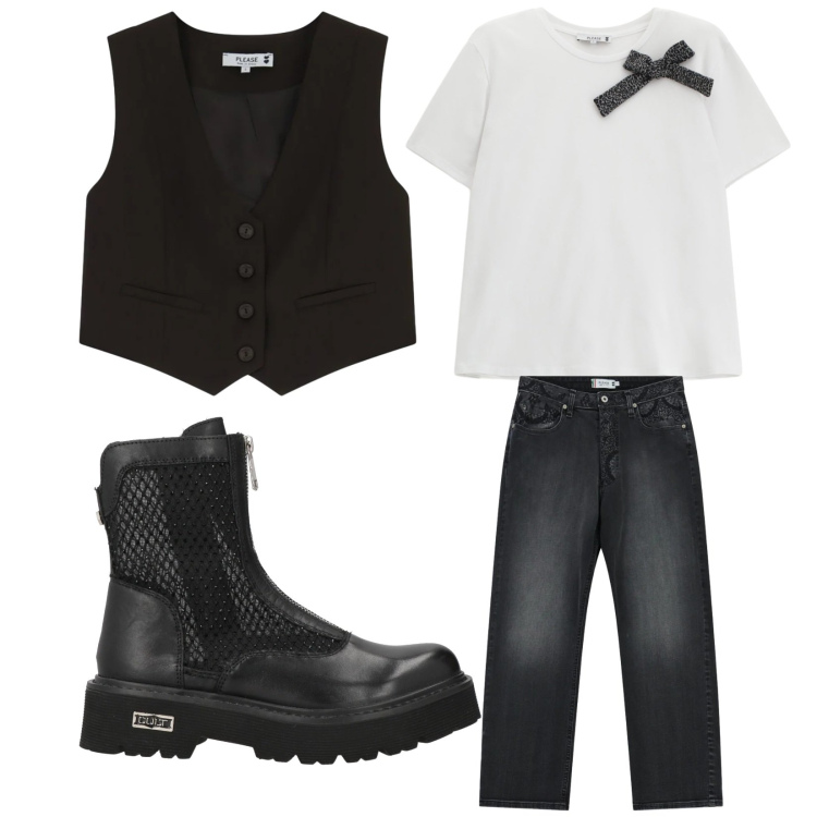 Outfit donna - Rock. Stile Rock per Serata fuori. Abbinamento con stivaletti, t-shirt, gilet, jeans dritti.