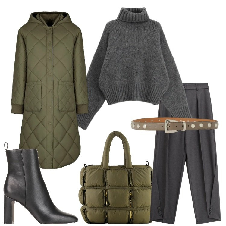 Outfit donna - Wrapped in Style. Stile Minimal per Ufficio. Abbinamento con stivaletti, pantaloni, maglieria, cinture, borse a mano, piumini.