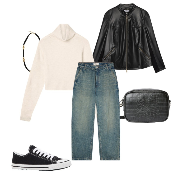 Outfit donna - Total look #2316412. Stile Casual per Scuola/Università. Abbinamento con sneakers, jeans, maglieria, collane, giacche, borse a tracolla.