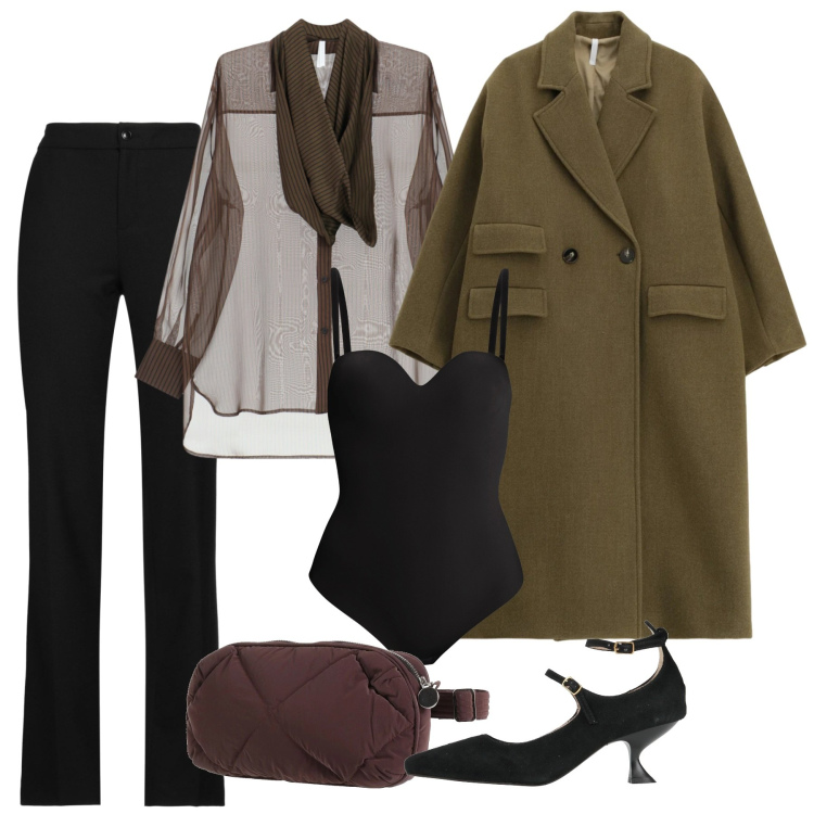 Outfit donna - Serata elegante. Stile Chic per Serata fuori. Abbinamento con décolleté, pantaloni, marsupi, camicie, cappotti, body.