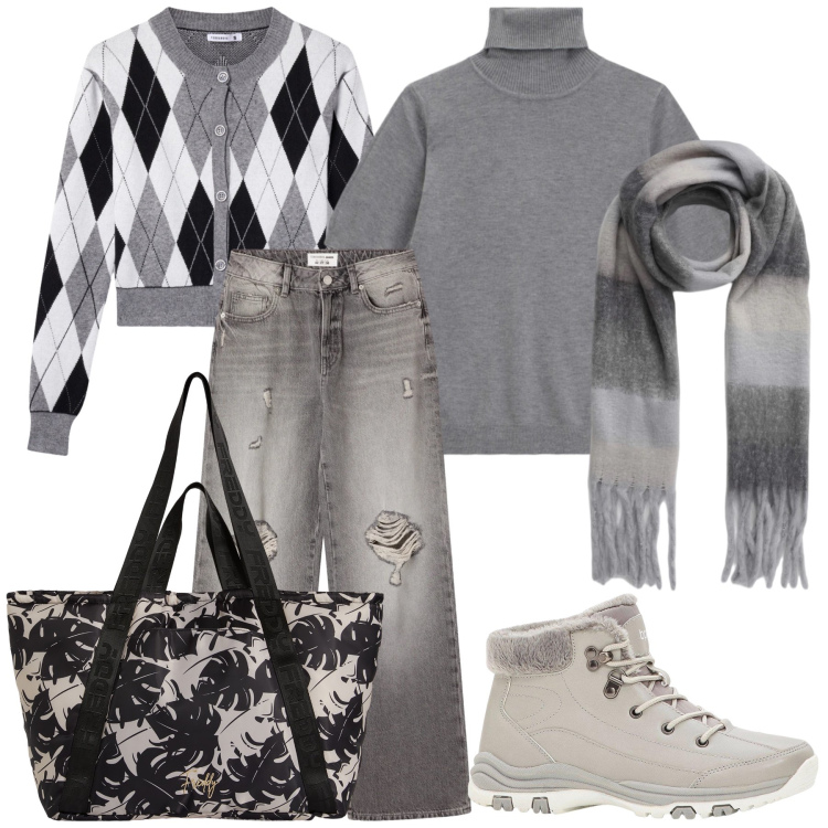 Outfit donna - Il grigio caldo. Stile Casual chic per Tutti i giorni. Abbinamento con stivaletti, jeans strappati, sciarpe, cardigans, maglieria, shopping bag.