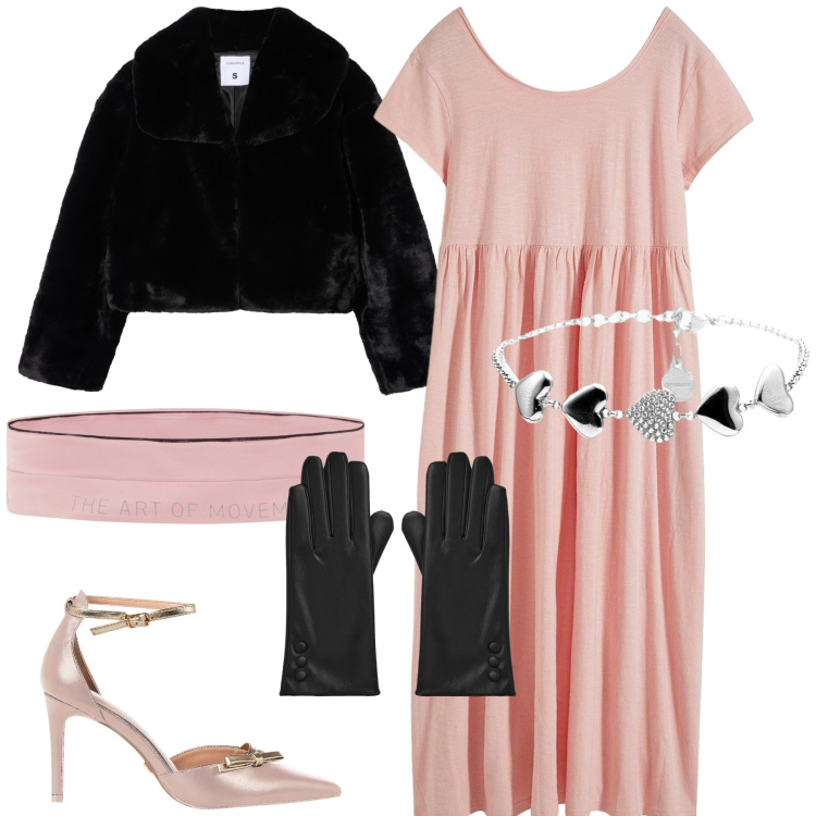 Outfit donna - Rosa e nero al matrimonio. Stile Romantica per Cerimonia. Abbinamento con vestiti midi/longuette, guanti, ecopellicce, braccialetti, marsupi, décolleté.
