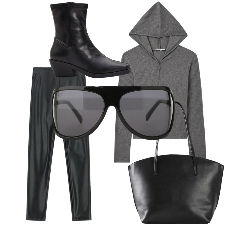 Outfit donna - Basica. Stile Basic per Tutti i giorni. Abbinamento con shopping bag, stivaletti, maglieria, pantaloni skinny, occhiali da sole.