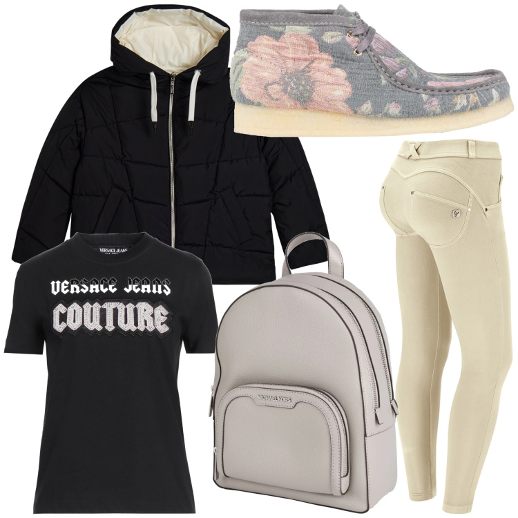 Outfit donna - Sportivo stivaletto e pure romantico. Stile Trendy per Tutti i giorni. Abbinamento con stivaletti, zaini, t-shirt, pantaloni skinny, piumini.
