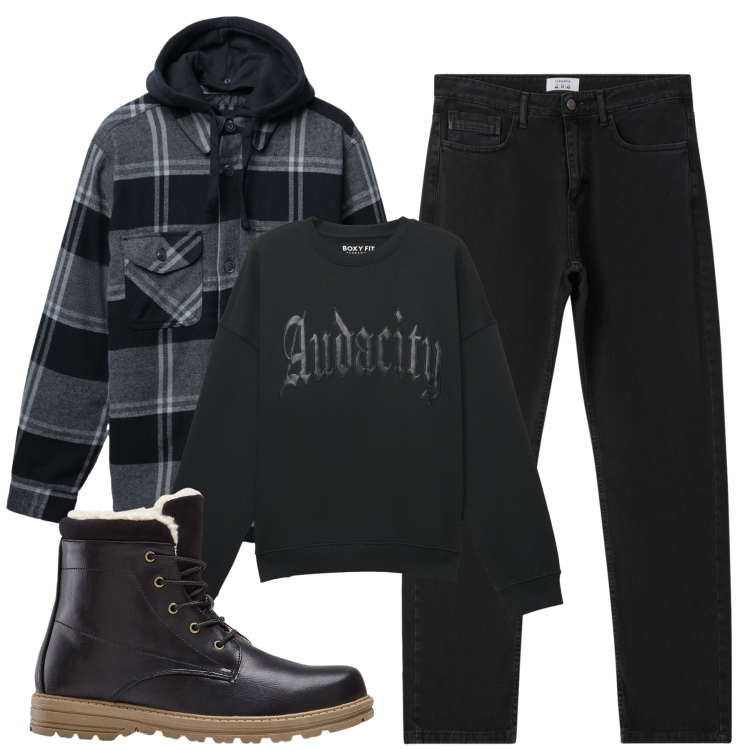 Outfit uomo - Lupo solitario. Stile Casual per Tutti i giorni. Abbinamento con stivali e stivaletti, giacche, felpe, jeans dritti.