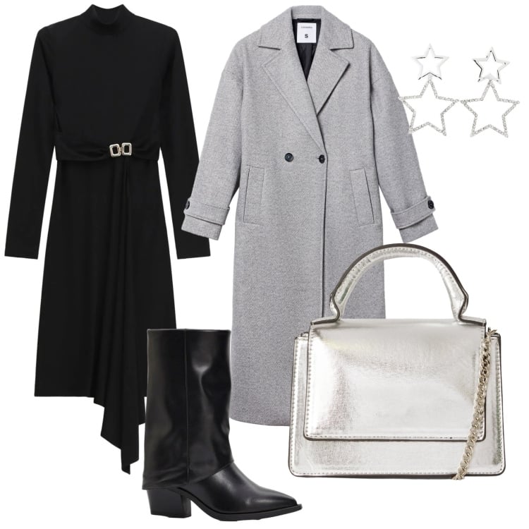 Outfit donna - Aperitivo cenato. Stile Casual per Serata fuori. Abbinamento con stivali, cappotti, borse a tracolla, orecchini, vestiti midi/longuette.