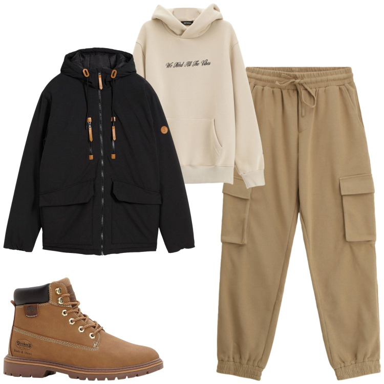 Outfit uomo - Gennaio. Stile Casual per Tutti i giorni. Abbinamento con stivali e stivaletti, piumini, felpe con cappuccio, pantaloni cargo.