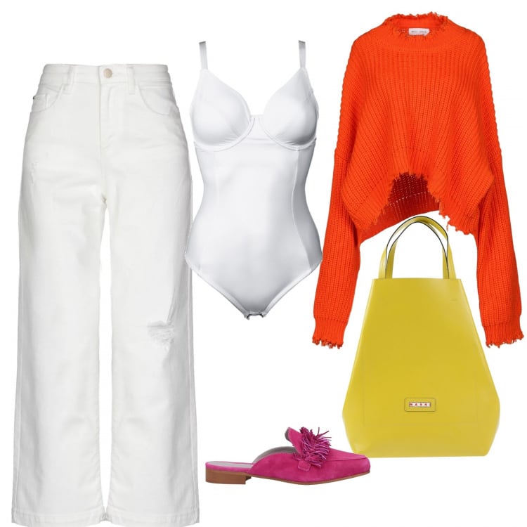 Outfit donna - Vitaminico. Stile Basic per Tutti i giorni. Abbinamento con pullover lavorato a maglia collo tondo a maniche lunghe tinta unita, jeans a tubo delavé con zip tinta unita, sabot effetto scamosciato senza tacco con punta quadrata tinta unita, borsa a mano maxi doppio manico tinta unita, body.