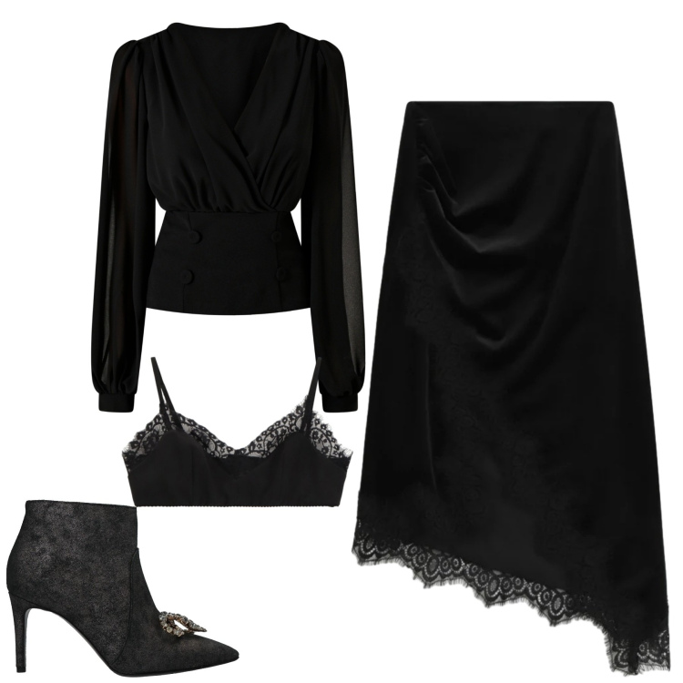 Outfit donna - Serata. Stile Chic per Serata fuori. Abbinamento con stivaletti, bluse, gonne longuette, bralette.