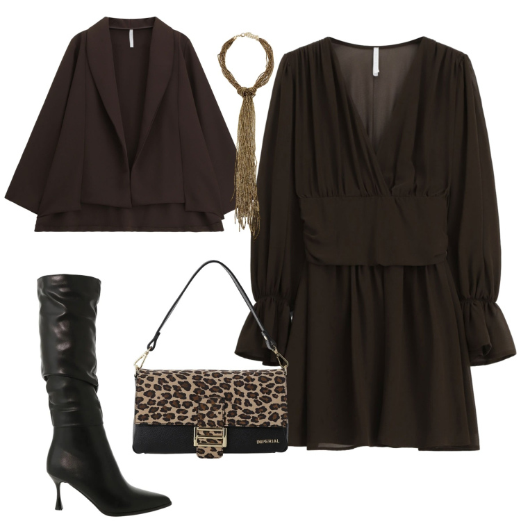 Outfit donna - Cioccolato. Stile Trendy per Tutti i giorni. Abbinamento con stivali sopra il ginocchio, blazer, borse a spalla, vestiti corti, collane.