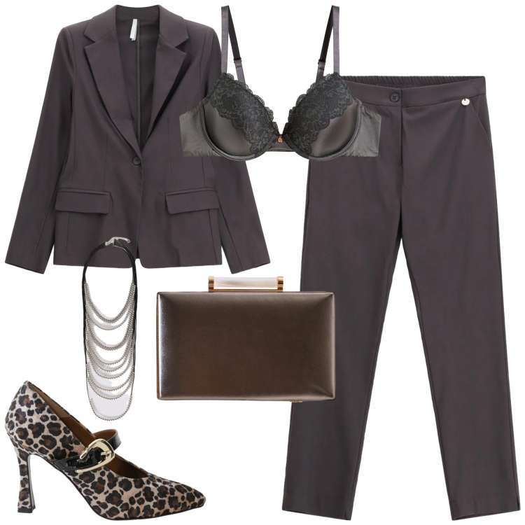 Outfit donna - Grey minimal chic. Stile Minimal per Tutti i giorni. Abbinamento con reggiseni, blazer, pantaloni, décolleté, clutch, collane.
