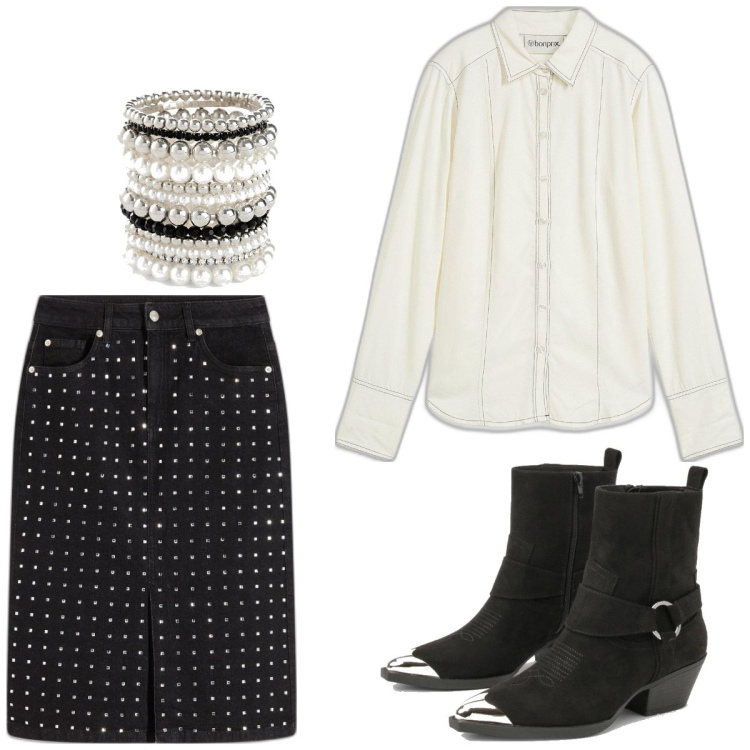 Outfit femme - Une touche rock. Style Rock pour Bureau. Assortir avec bracelets, jupes, chemisiers, bottines.