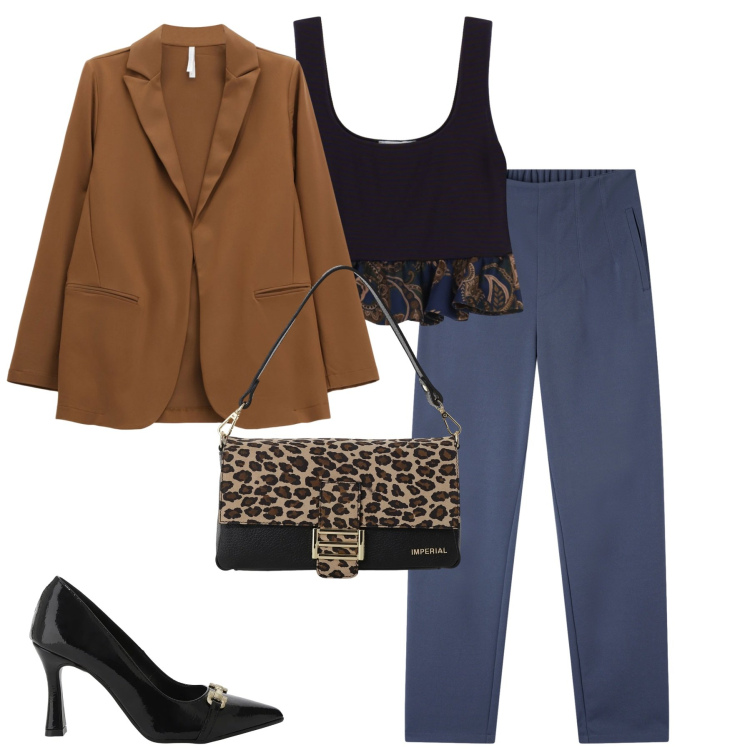 Outfit donna - City. Stile Urban per Tutti i giorni. Abbinamento con pantaloni chino, top, blazer, borse a spalla, décolleté.