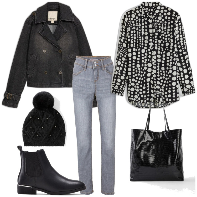 Outfit femme - Janvier esprit rock. Style Rock pour Tous les jours. Assortir avec jean slim, chemisiers, bonnets, boots, sac cabas, imperméable.